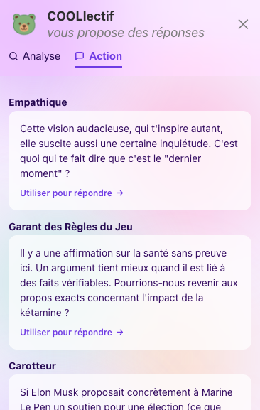Propositions de réponses apaisantes — onglet Action